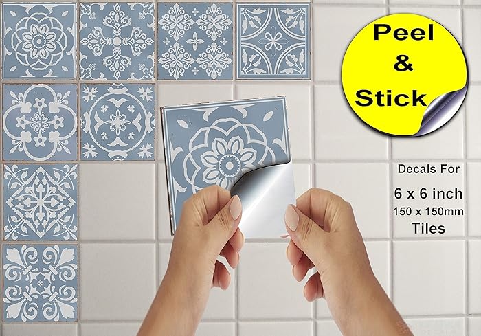 24 Blue Tile Stickers Moroccan Victorian Retro Traditional Mosaic