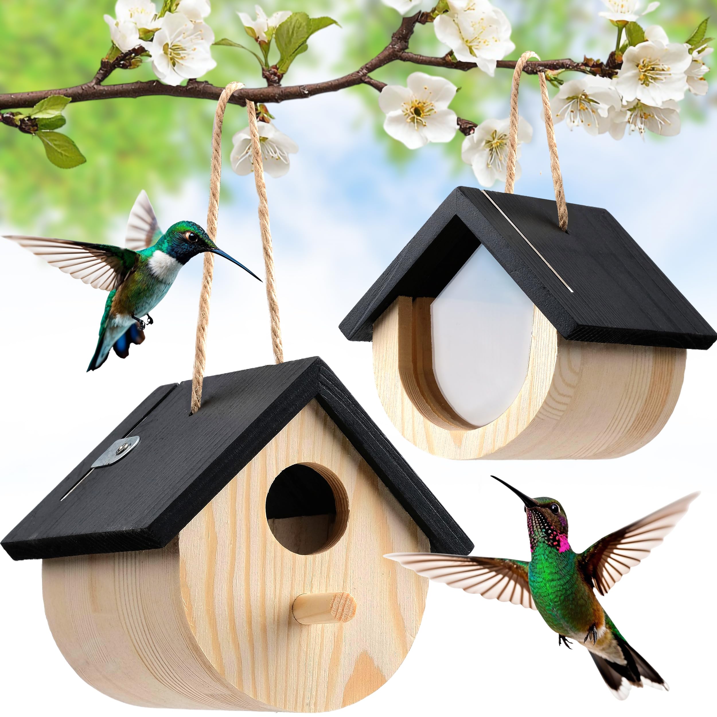Photo 1 of 2 Pack Wooden Hummingbird Houses for Outside Hanging – Window Birdhouse with Clear Panel for Viewing, Hanging Chickadee House for Indoor Outdoor with Hemp Ropes.