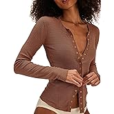 Bicondo Long Sleeve Button Down Shirts for Women Cute Tops Fall Cardigan Sweater Waflle Knit Tops