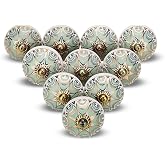 FURNISHFUL FINESSE Light Green Ceramic Cabinet Knobs Pack of 4 | Handmade Pumpkin Drawer Pulls with Gold Trim, Vintage Boho Handles for Dressers, Wardrobes &amp; Cupboards