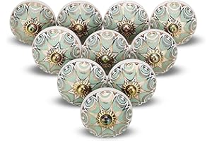 FURNISHFUL FINESSE Light Green Door Cabinet Knobs Golden Antique Ceramic Cupboard Knob for Dresser Drawer Kitchen and Furnitu