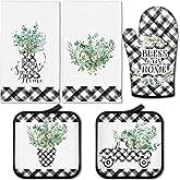 5 Pcs Buffalo Plaid Oven Mitts Pot Holders Dish Towels Set Including 2 Pcs Farmhouse Kitchen Towels 2 Pcs Potholders 1 Pcs Microwave Gloves for Kitchen Cooking (Eucalyptus)