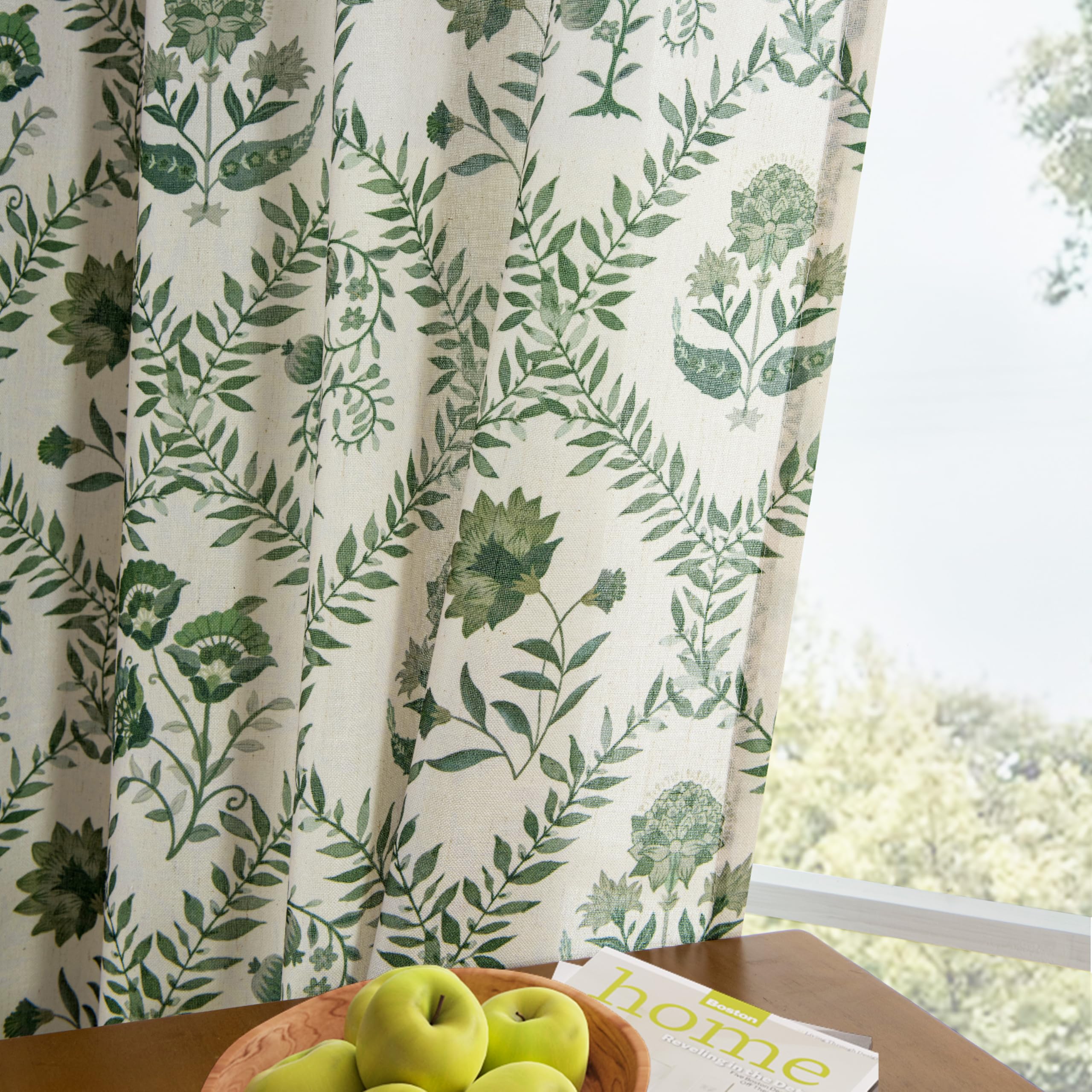 Photo 1 of Green Floral Linen Curtains for Living Dining Room 96 Inch Length 2 Panels Olive Plant Flower Patterned Printed Curtains Back Tab Semi Sheer Farmhouse Rustic French Country Drape for Bedroom 8FT