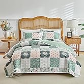 Joyreap 3 Pieces Floral Patchwork Quilt Set Queen, Green Flowers Design, Soft n Cozy Microfiber Quilt, Bedspread Bed Cover for All Season, 1 Quilt and 2 Pillow Shams- 90x90 inches
