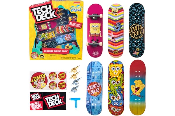 TECH DECK Spongebob Sk8shop Bonus Pack Customizable Fingerboards Set | Customize 6 Boards with Skate Tool & Wheels, Authentic