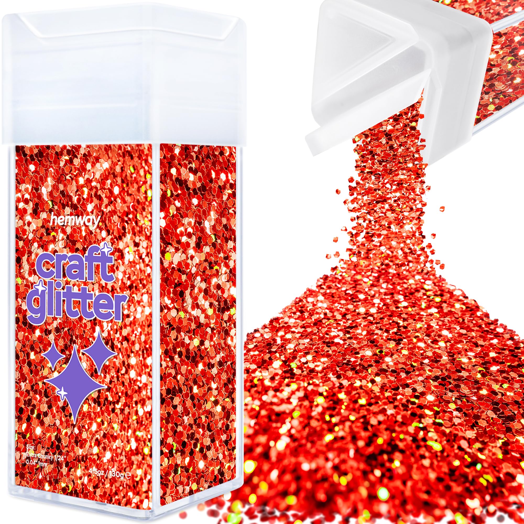 Hemway Glitter Shaker Red Holographic 110g Extra Chunky, Craft Glitter Shaker for Resin & Epoxy Crafts, Christmas Art Supplies, Nail, Body, Face, Eye, Festival, Crafting, Slime, Sparkle