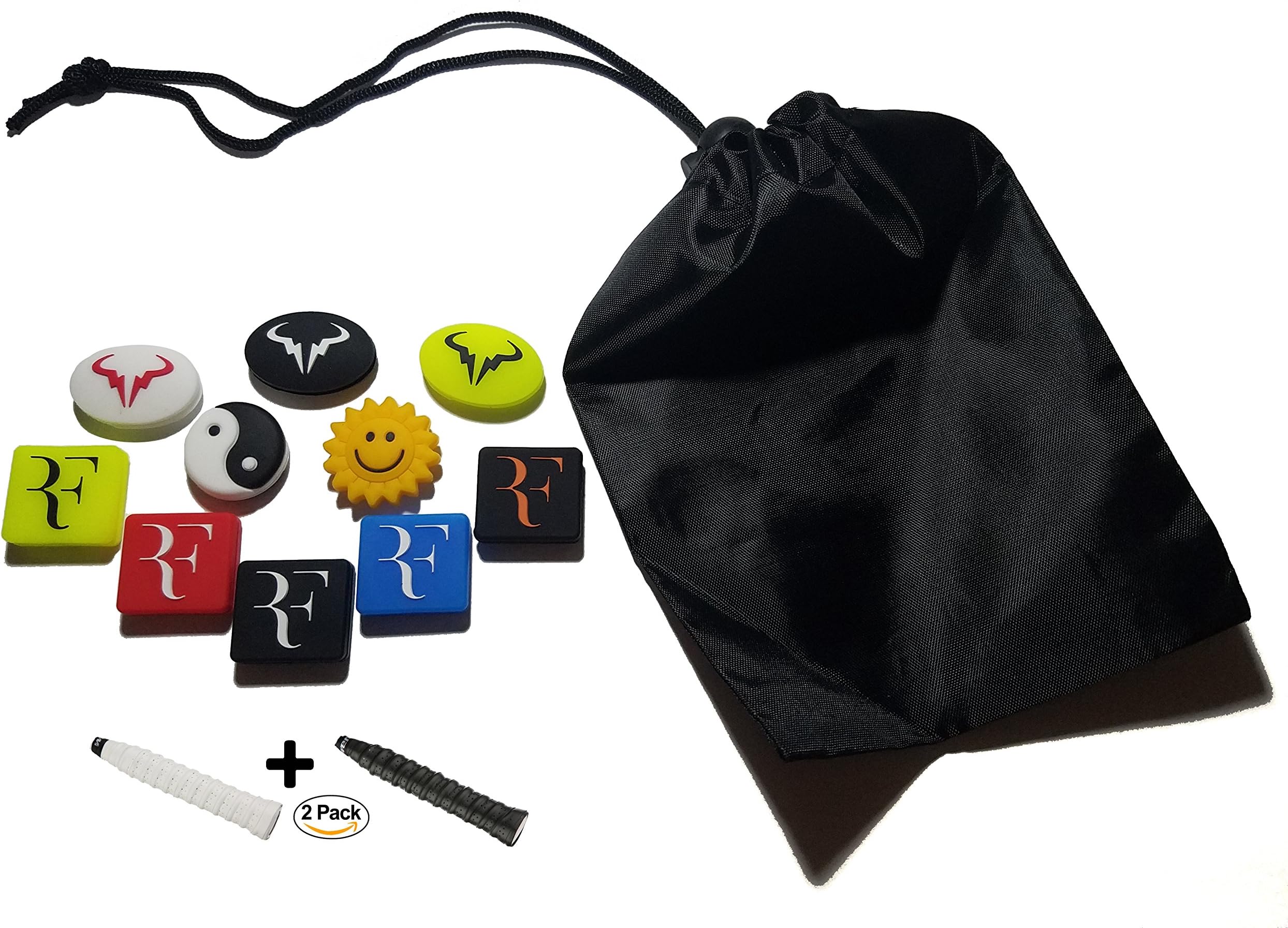 +++Holiday Sale+++(Variety Packs) Angry Birds, Federer RF&Nadal Bull, Cute Animals(5 Piece & 10 Piece) Tennis Dampeners Bundle + 2 Tennis Grips + Nylon Drawstring Bag (Best Tennis Bundle Set)