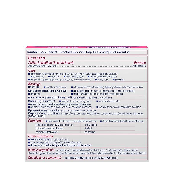 BENADRYL ULTRATABS ALLERGY RELIEF MEDICINE, 25 MG DIPHENHYDRAMINE HCL ANTIHISTAMINE TABLETS FOR RELIEF OF COLD & ALLERGY SYMPTOMS LIKE SNEEZING, RUNNY NOSE, & ITCHY EYES & THROAT, 48 CT