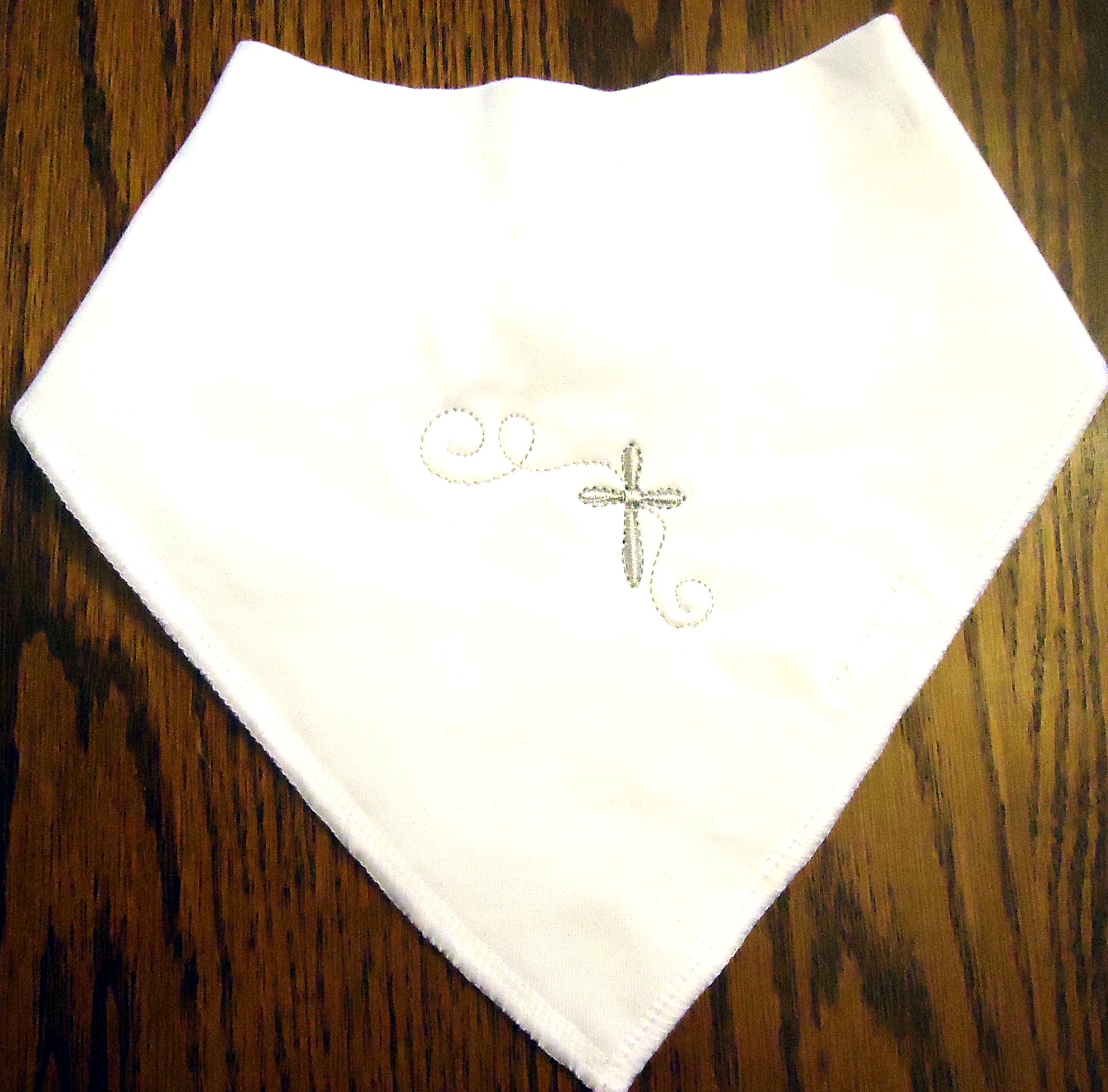 Premium Embroidered Christening Baptism Bandana Boy's or Girls Bib with Silver Cross Embroidery