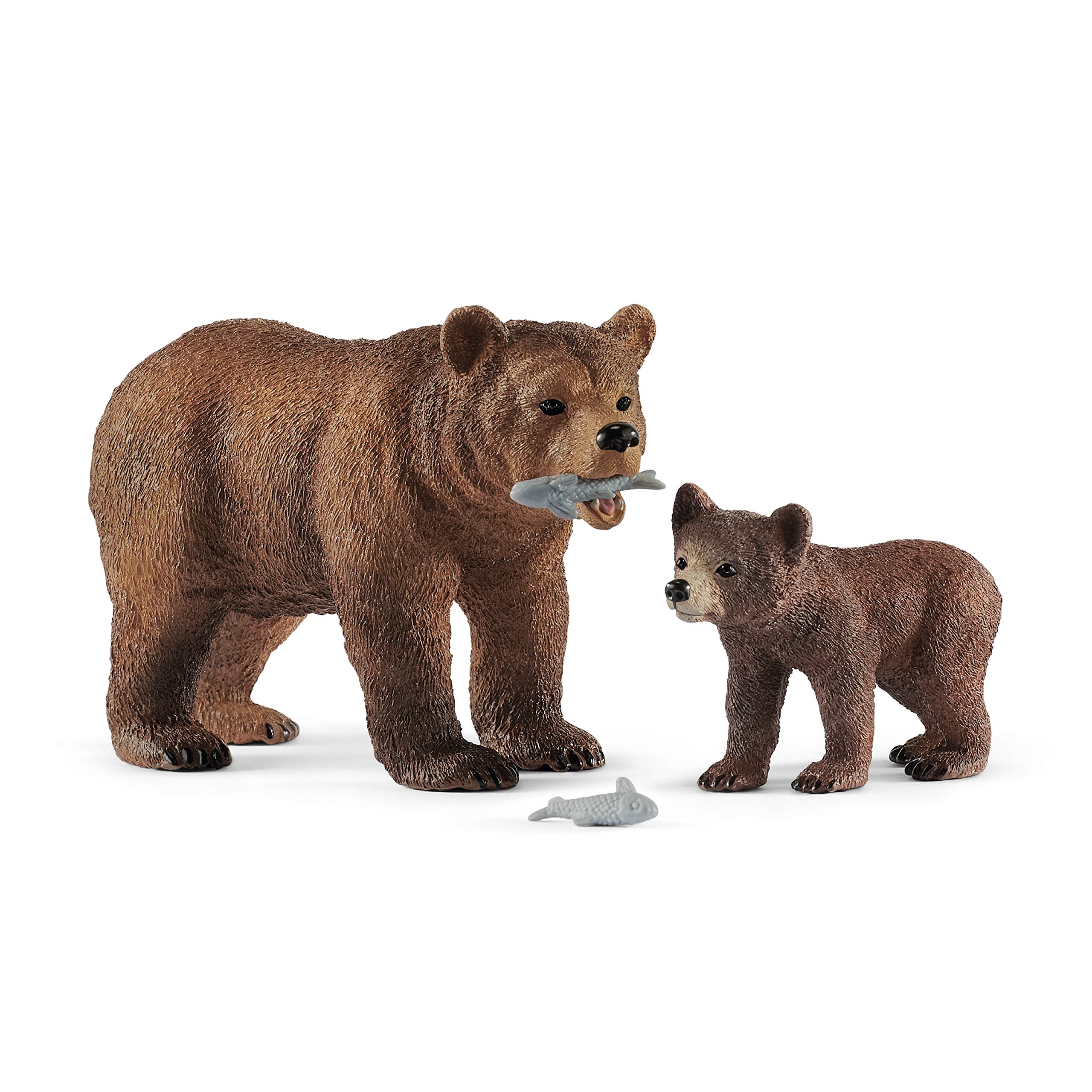 SCHLEICH Wild Life - 4 PC Grizzly Bear Figure Toy Playset - Realistic Mom and Baby Brown Bear Cub Figurine with Fish for Kids and Toddlers - Educational Animal Toys for Boys and Girls Ages 3+ - 42473