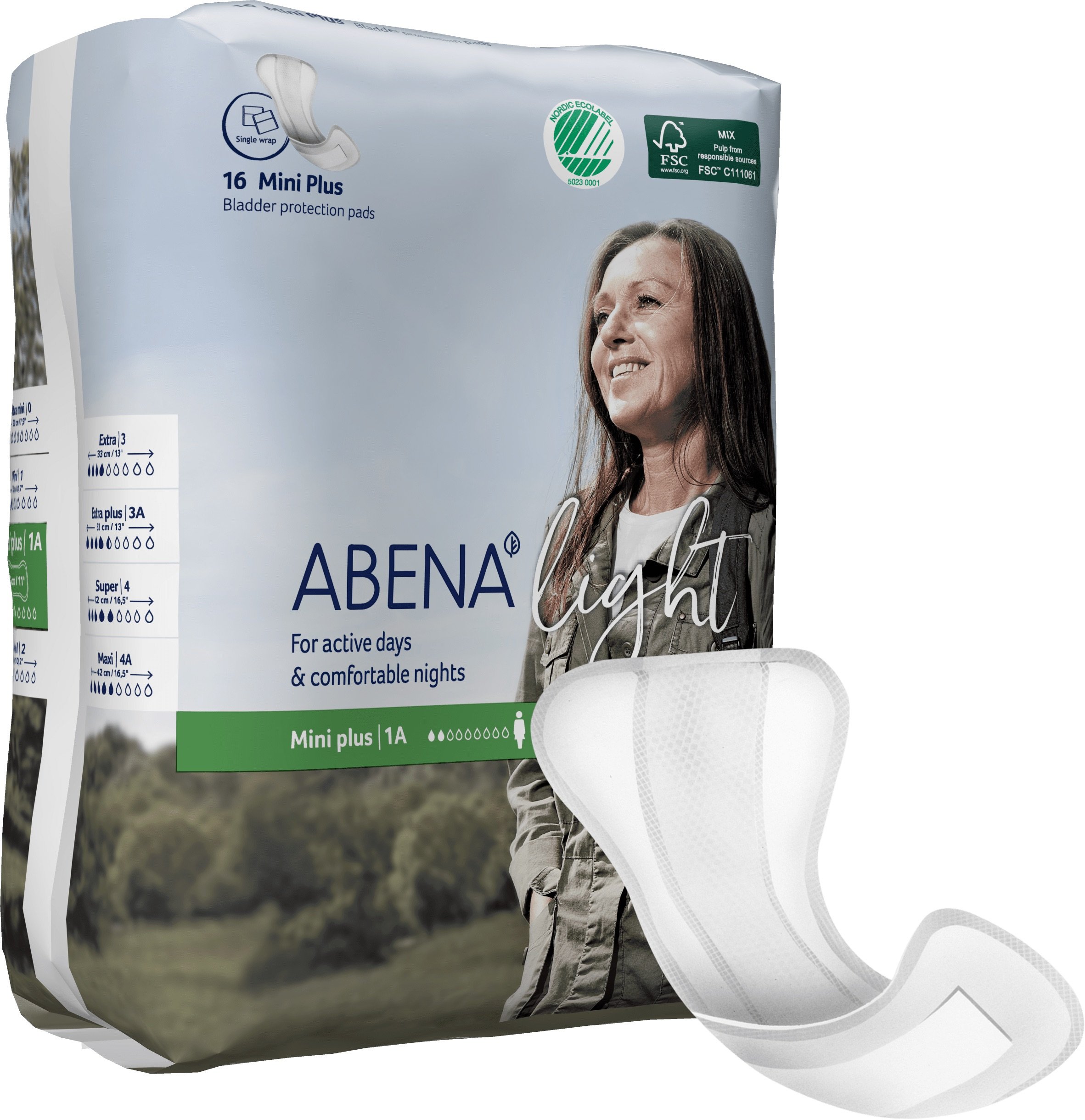 ABENA Light Incontinence Pads, Eco-Labelled Women's Incontinence Pads For Adults, Breathable & Comfortable With Fast Absorption & Protection, Mini Plus 1A, 16 Pads, 16 Count