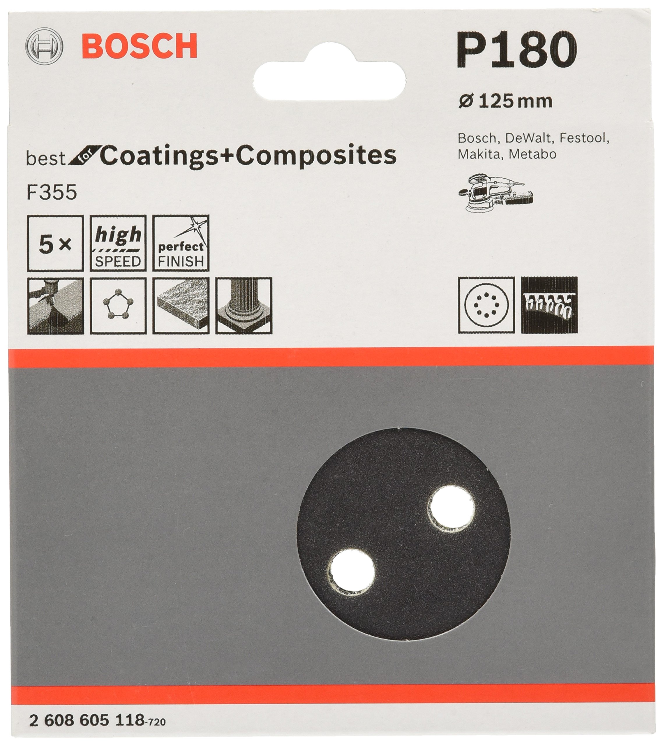 Bosch 5x PRO Plastic and Hard Stone F355 Sanding Disc (for Concrete, Hard stone, Ø mm, Grit 180, Professional Accessory Random Orbital Sander)