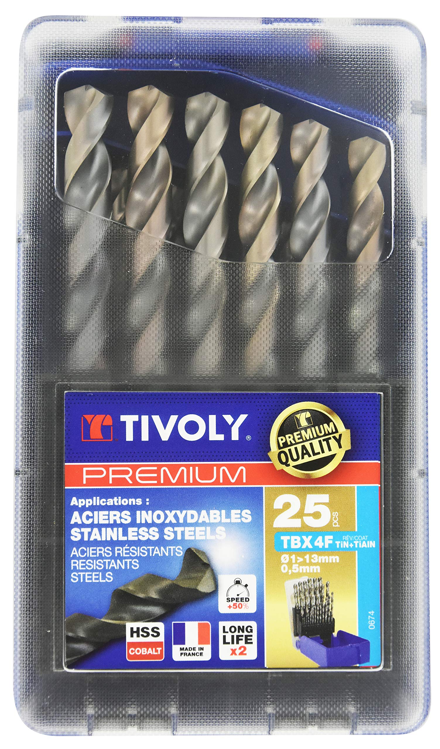 TIVOLY 11456170017 Set G of 25 Premium Tbx 4f HSS Cobalt Revetu Blade, 4 Sided Sharpening, Contains Diameter 1 to 13 mm per 1/2