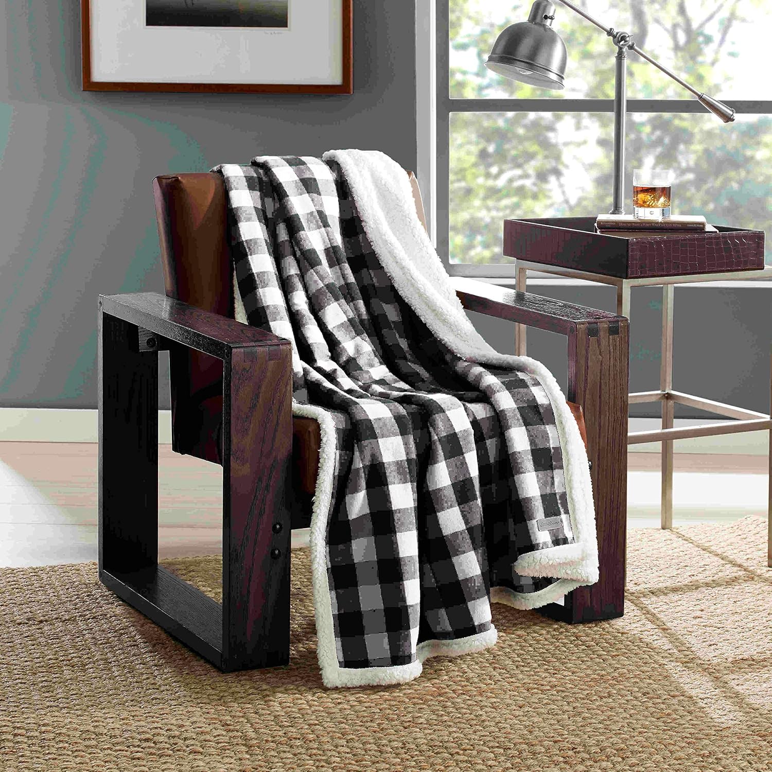 Eddie Bauer | Flannel Collection | Throw Blanket-Reversible Sherpa Fleece Cover, Soft & Cozy, Perfect for Bed or Couch, Cabin Black: Home & Kitchen