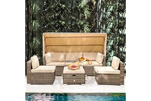 YITAHOME Patio Wicker Sofa Daybed Furniture Set with Retractable Canopy, Storable Side Table Outdoor Lounger with Soft Cushions for Backyard Porch (Light Brown + Beige)