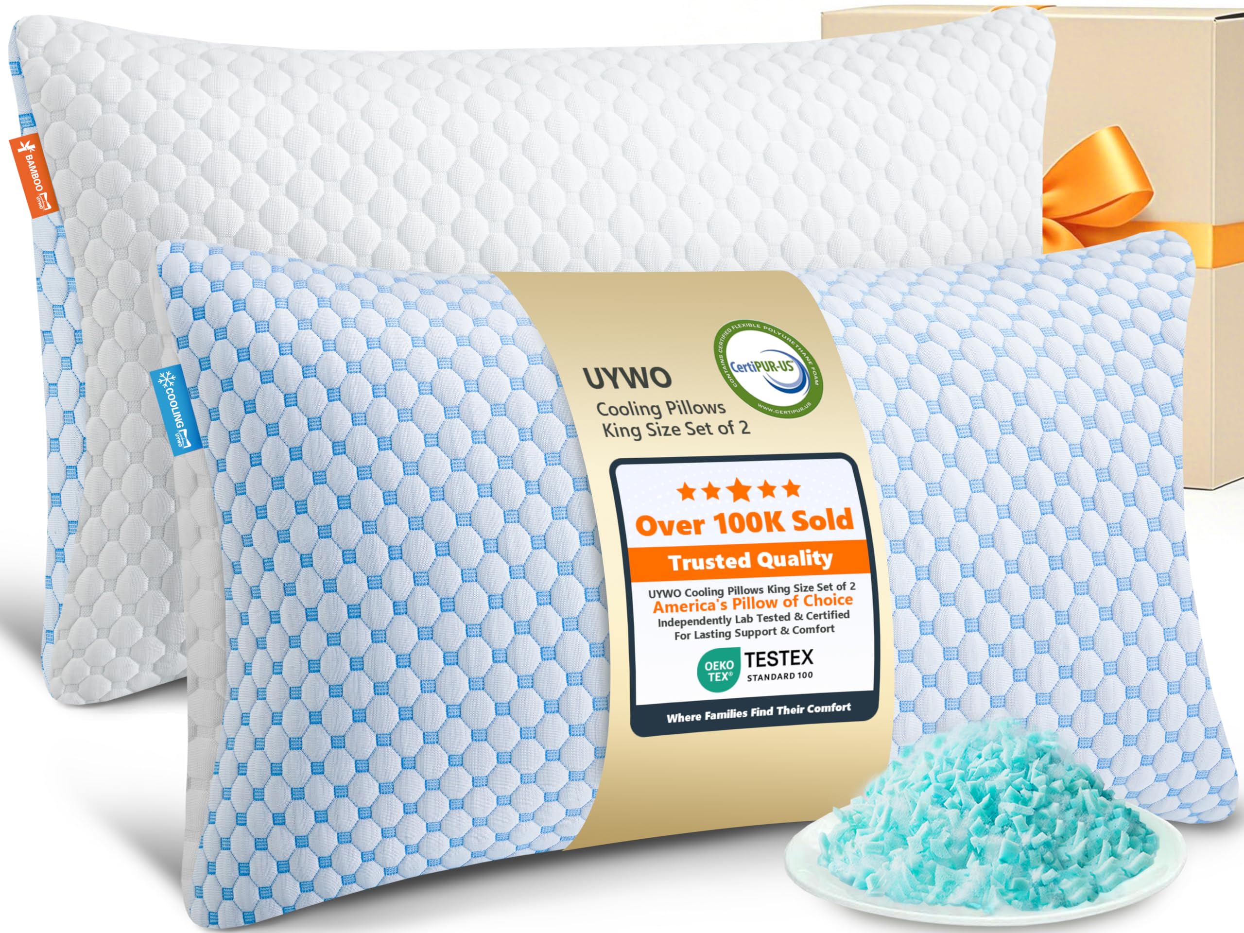 UYWO Cooling Firm Bed Pillows Set of 2, Shredded Memory Foam Pillows for Sleeping Luxury Gel Pillows for Side Back Stomach Sleepers with Removable Washable Cover(Blue, King(U.S. Standard))