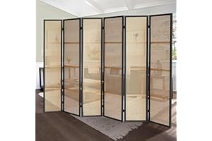 Leesinwing Wood Room Divider, 6 Panels Room Dividers and Folding Privacy Screens, Hand-Woven Rattan Room Divider Wall Freestanding Room Partitions Screen for Home Office Bedroom, Black