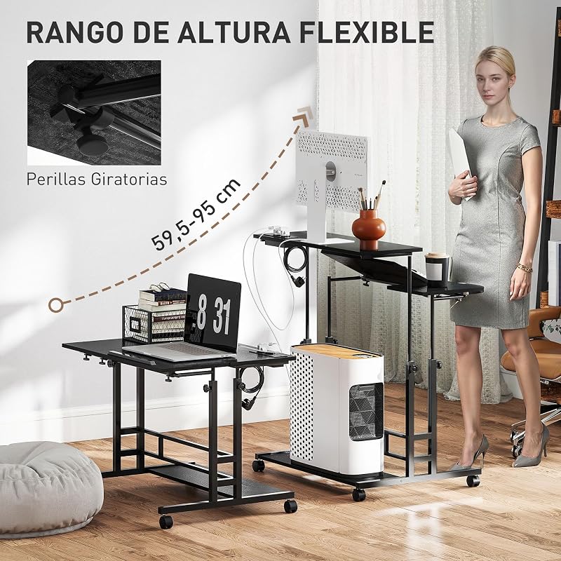 Escritorio Elevable con Ruedas, Puertos USB, 80x60 cm, Negro