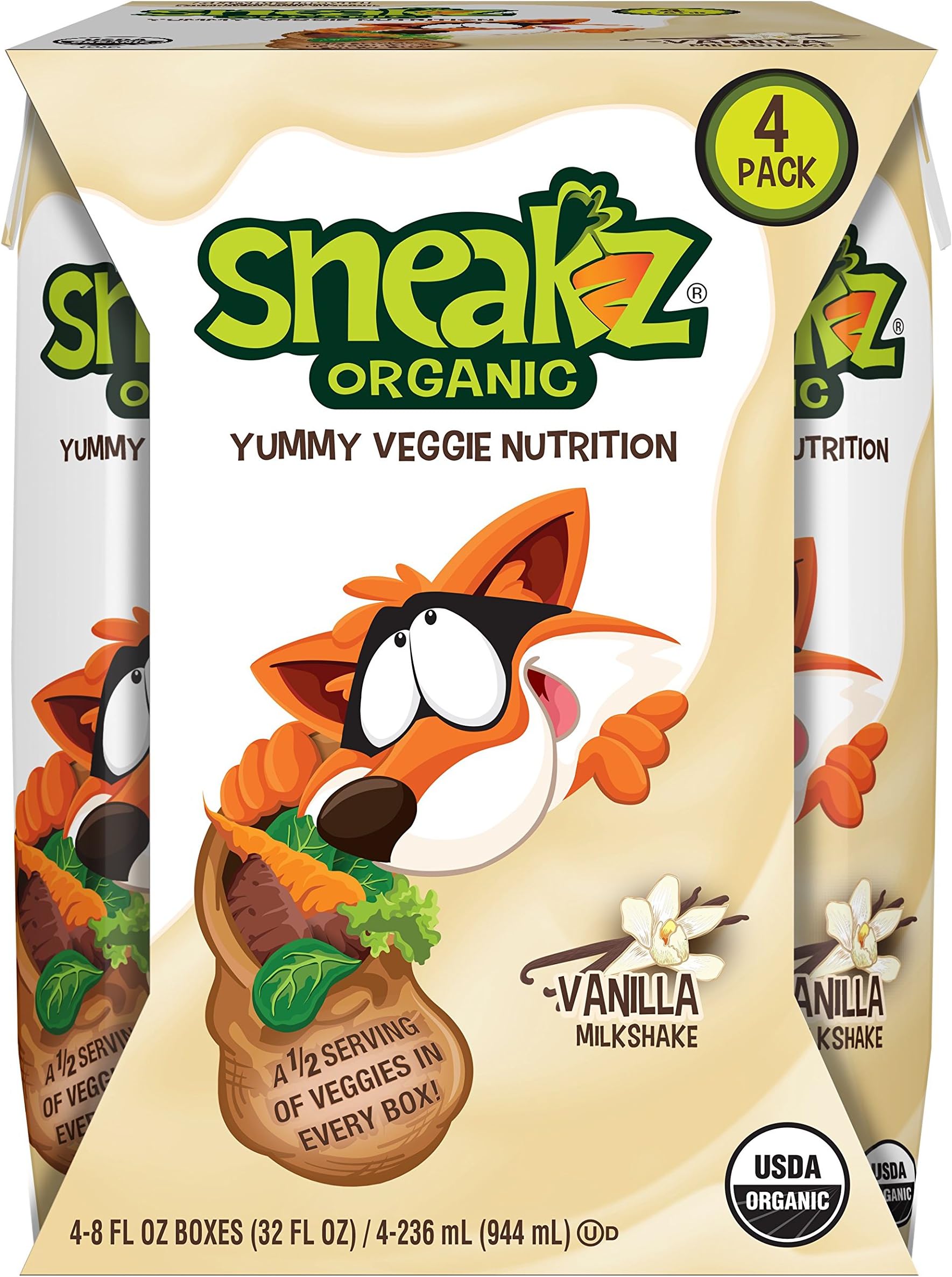 SNEAKZ ORGANIC Vanilla Milkshake 4 pk, 8 OZ (Pack of 4)