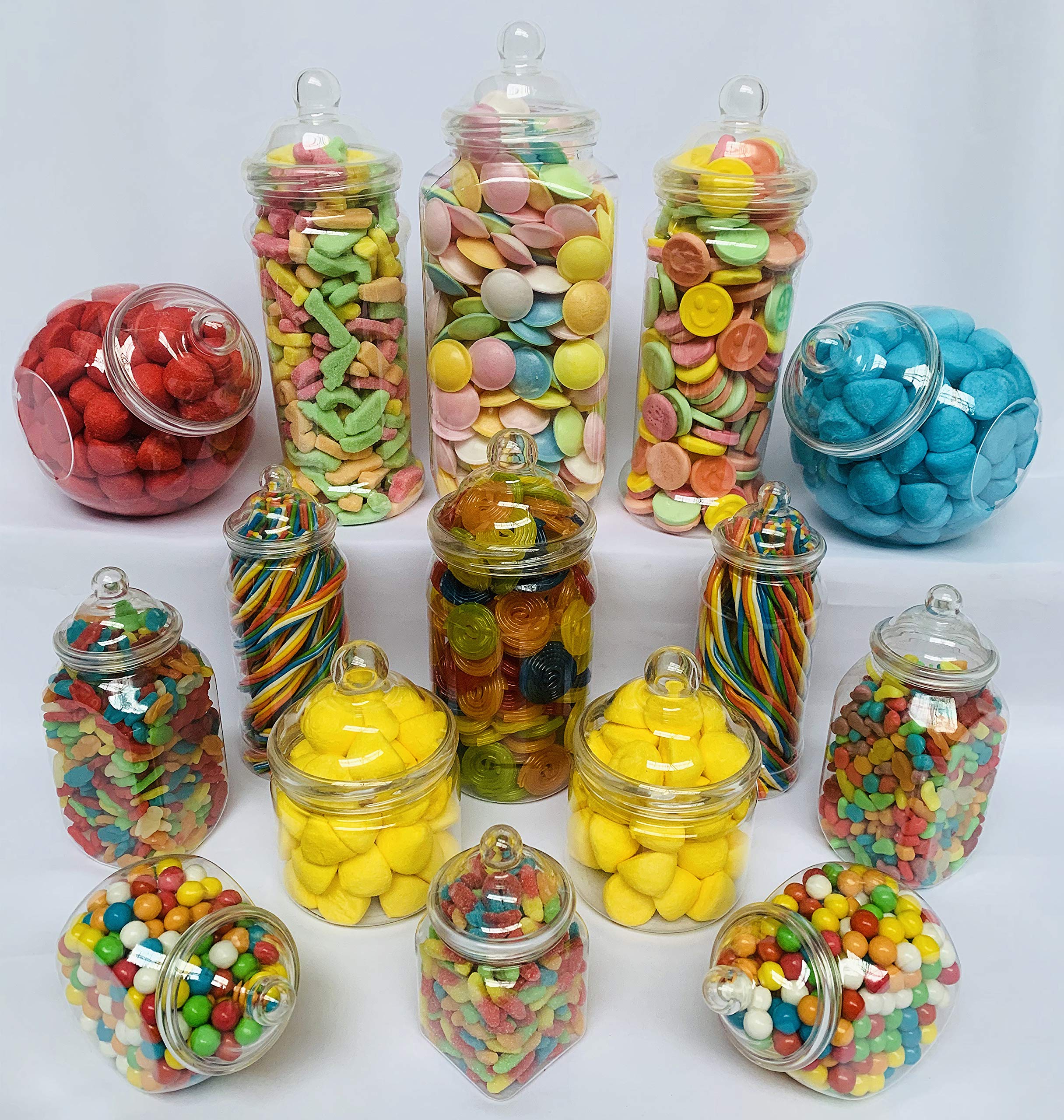 15 Retro Mixed Plastic Sweet Jars for Pick & Mix, Victorian Sweet Shop, Candy Buffet Kit, Party Pack