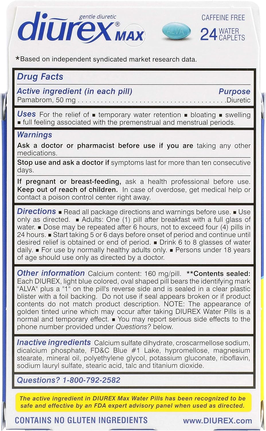 Diurex Max Water Pills - Maximum Strength Caffeine Free Diuretic - Relieve Water Bloat - 24 Count: Health & Personal Care