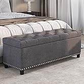 BELLEZE 47" Storage Ottoman, Storage Bench with Safety Close Hinge, Linen Button-Tufted Ottoman for Living Room, Entryway, Hallway, Foot Rest, Support 300lbs - Gray
