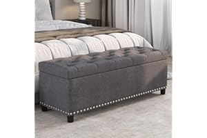 BELLEZE 47" Storage Ottoman, Storage Bench with Safety Close Hinge, Linen Button-Tufted Ottoman for Living Room, Entryway, Hallway, Foot Rest, Support 300lbs - Gray