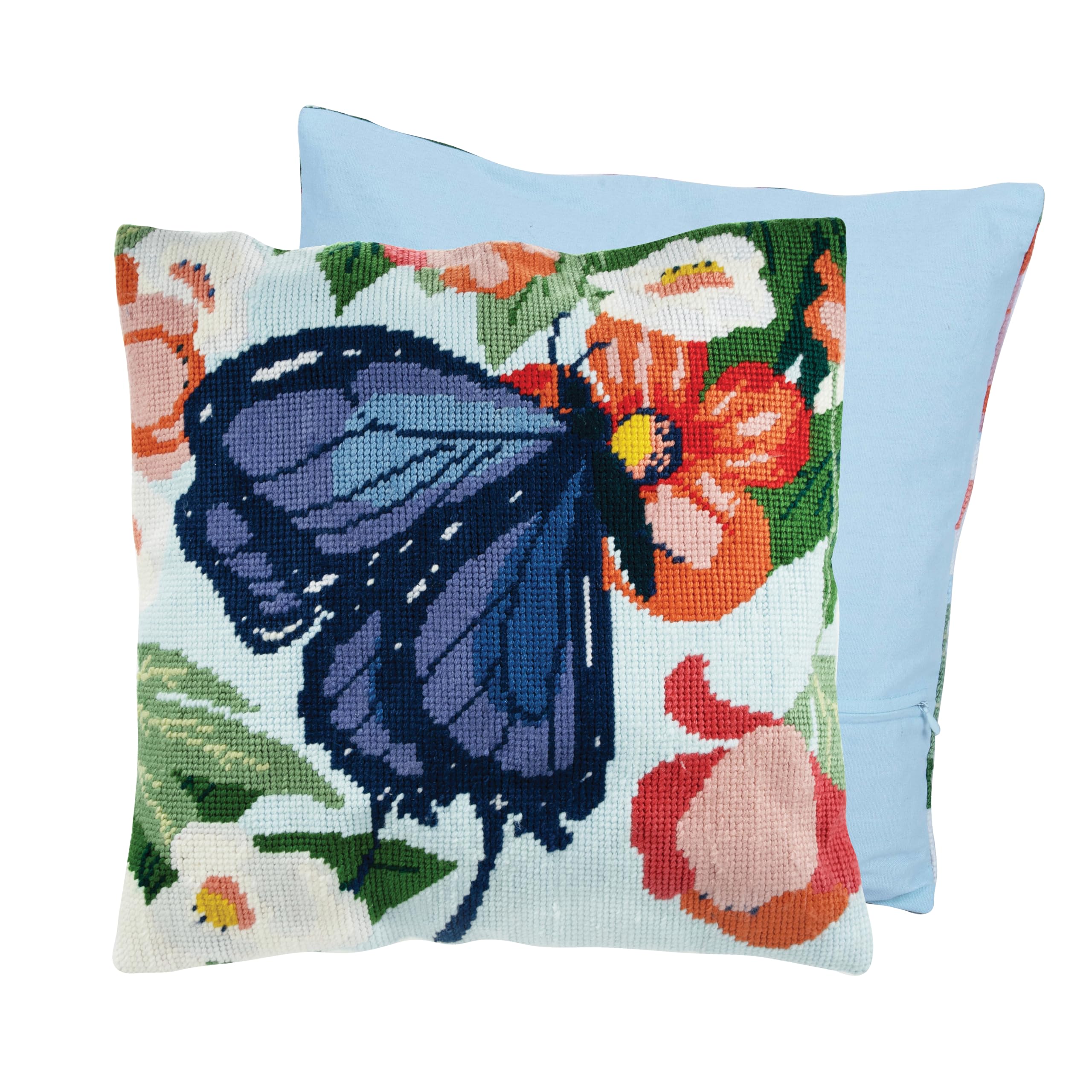Trimits Half Stitch Cross Stitch Cushion Kit, Cushion Back Included, Pre Printed Canvas, Yarn and Needle Included 40 x 40cm (15.75 x 15.75in), Butterfly