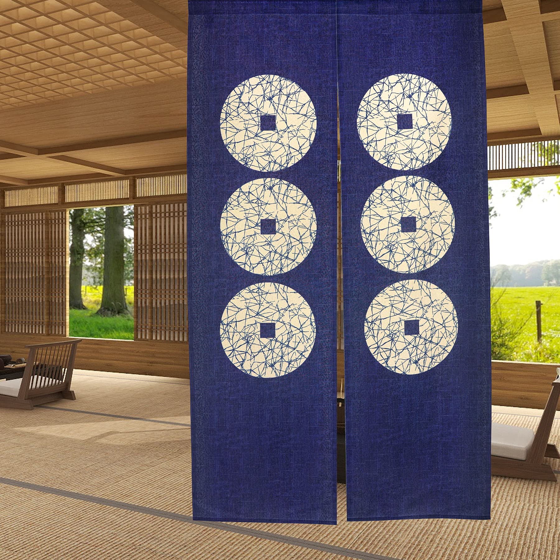 LIGICKY Japanese Style Noren Doorway Curtain Six Coins Pattern Tapestry for Home Decoration Blue 33.5"x59"