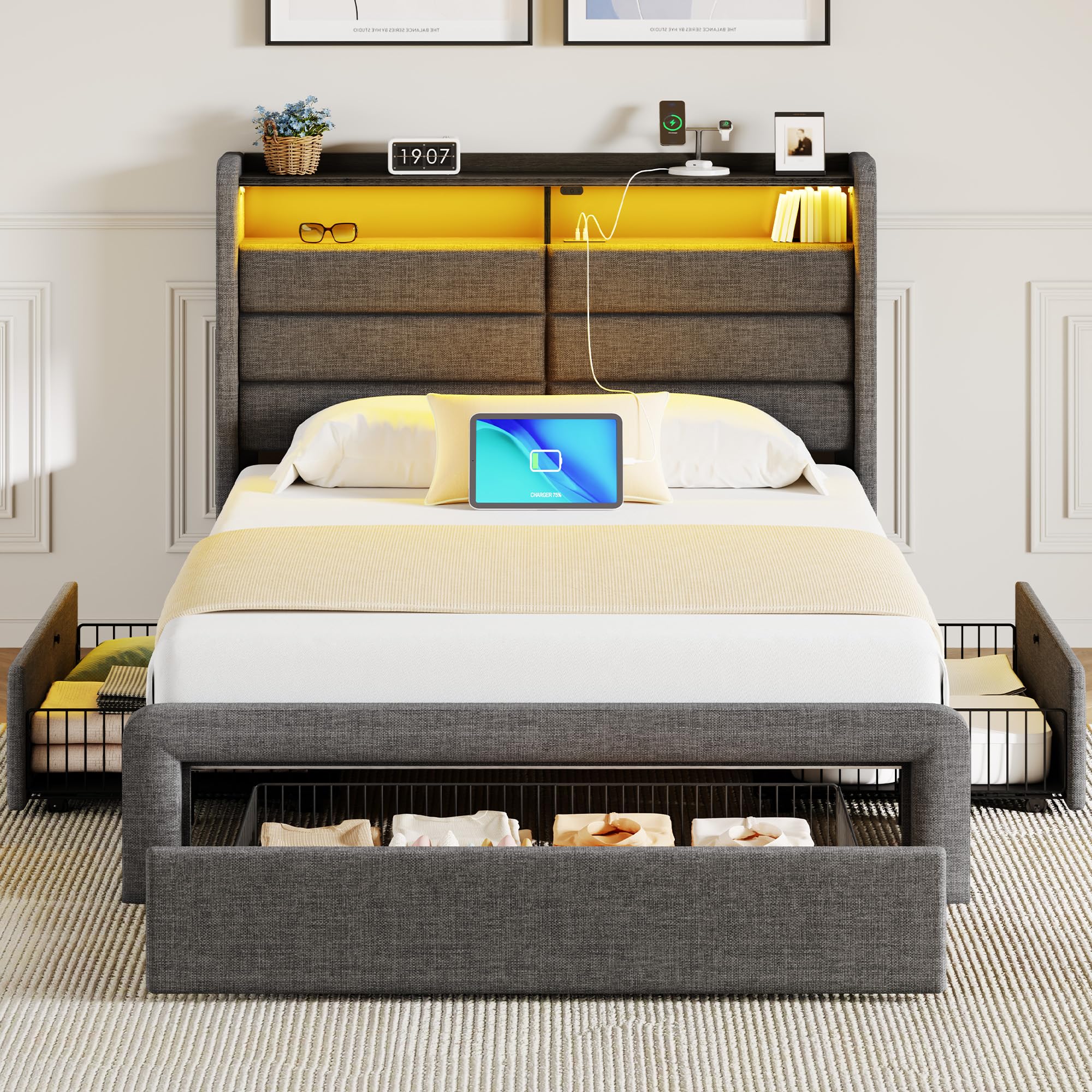 Seventable Twin Bed Frame with Storage Drawers & Charging Station, Upholstered Platform Bed with LED Light and Storage Headboard, Gray, No Box Spring Needed, Noise Free, Easy Assembly Image