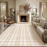 WondRg 8x10 Beige Plaid Living Room Area Rug | Washable, Low Pile, Modern, Neutral, Soft, Non Slip, Rug for Bedroom Dining Room Nursery Office Indoor Home Decor