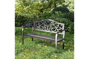 PHI VILLA 43 Inch Cast Iron Steel Frame Outdoor Garden Bench, Patio Furniture Chair Bench w/Floral Design Backrest, Slatted Seat for Park, Yard, Porch - Black