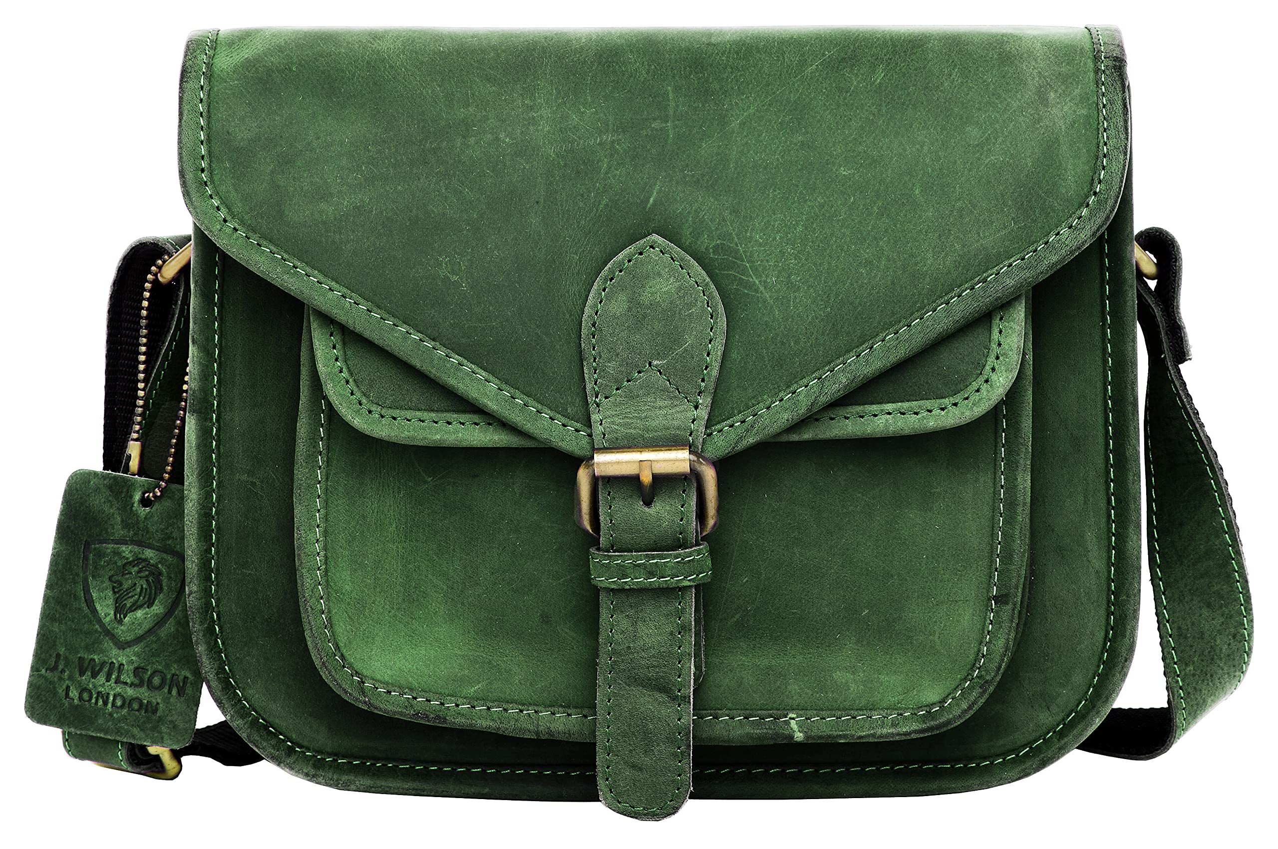 J. Wilson London Messenger Bag Women Leather Flapover 5 Litres (Rustic Green)