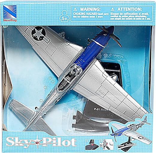 New Ray, Scale 1:48 WWII Fighter Plane P-51 Mustang with Plastic Stand (Grey/Blue)