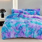 ZRNBAST Shaggy Duvet Cover Set Twin Size for Girls Boys Blue Purple Tie Dye Comforter Cover Set Faux Fur 3 PC Fluffy Soft Colorful Furry Bedding Set for All Season(Blue Purple,Twin)
