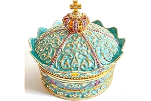 SIWOT Crown Design Jewelry Chest,Creative Vintage Metal Round Storage Box,Alloy Retro Patterned Gem Case (Golden Blue, Small)