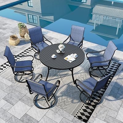 Sophia & William Outdoor Dining Set Patio Dining Set for 6 Round Patio Table and Chairs Set 7 Pieces Patio Set with Swivel Patio Chairs 54" Metal Table for Garden Pool All Weather Blue