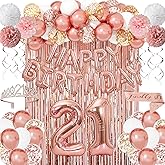 Ouddy Life Rose Gold 21st Birthday Party Decorations for Her, Rose Gold Balloons Happy Birthday Banner Crown Sash Tissue Paper Pompoms for Girls Women Decoration Princess Party Supplies