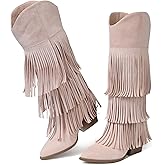Grakihily Cowgirl Boots for Women Retro Pointed Toe Pull On Block Chunky Heel Fringe Country Concert Outfits Knee High Western Suede and Faux Leather Cowboy Boots