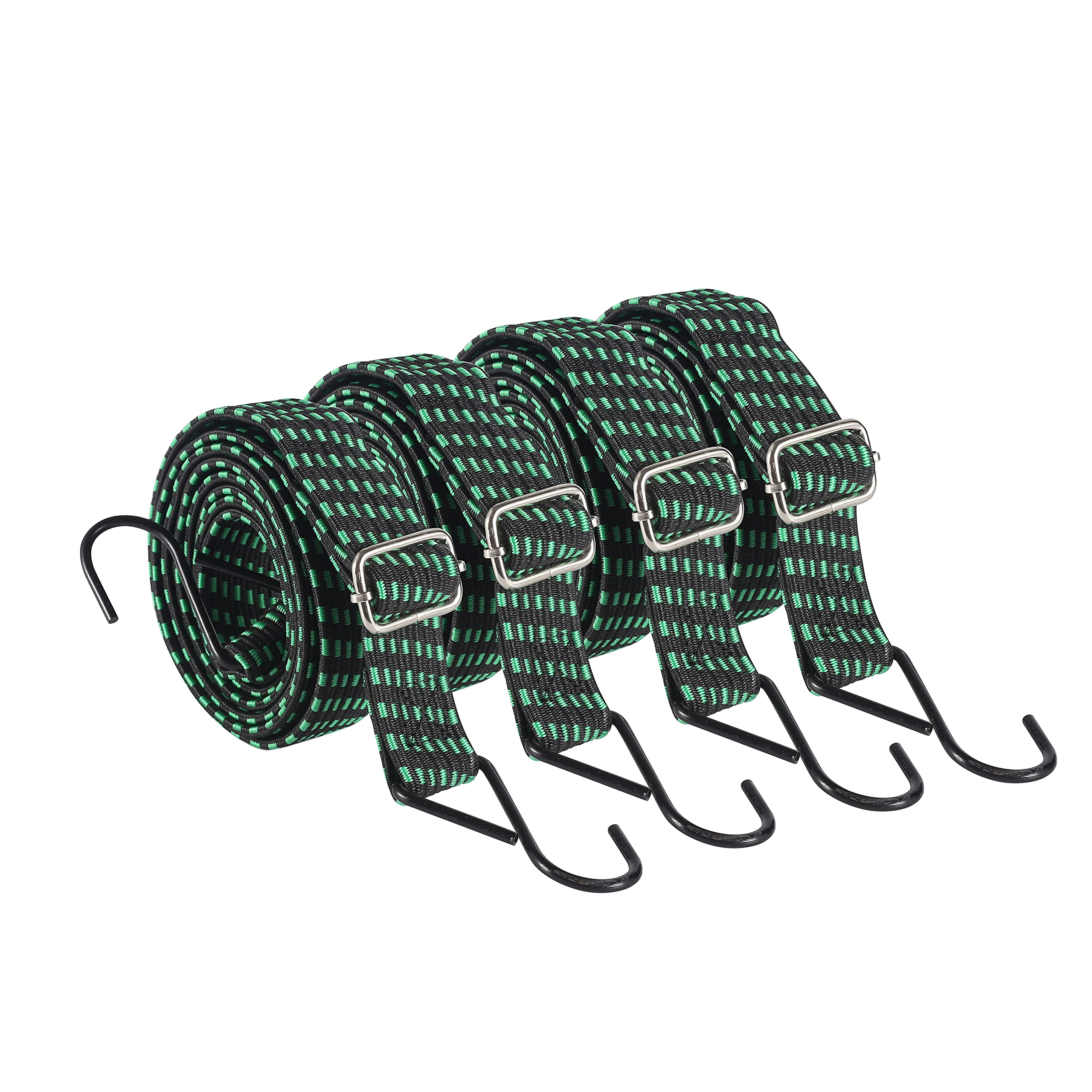 Yorkmills Bungee Cords with Hooks, 4 Pack 2M Heavy Duty Extra Strong Rubber Elastic Straps Adjustable Flat Elasticity Rope Set with Metal Buckle for Bike Luggage Racks Camping Gardening Clothesline