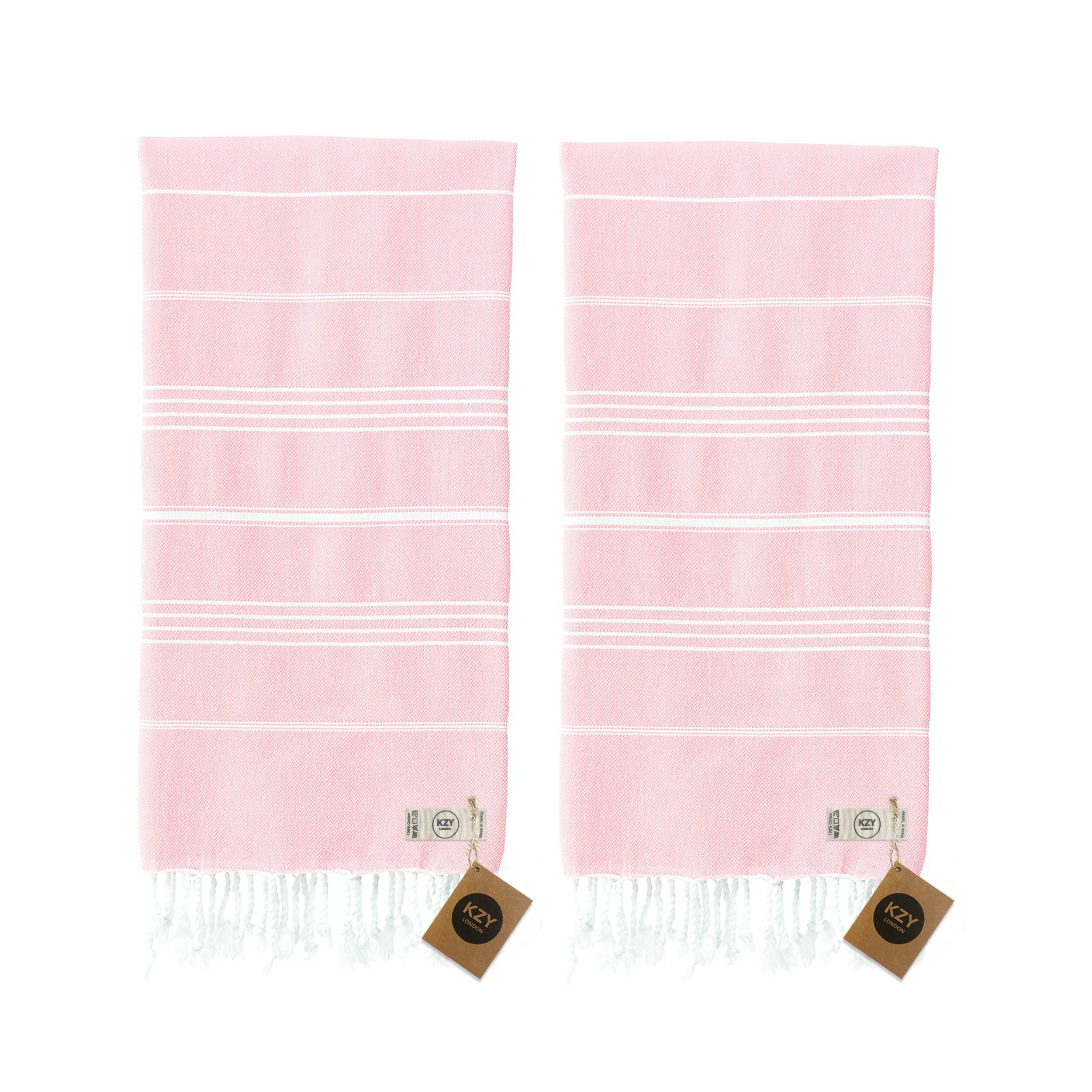 KZY LONDON Beach Towel 2 Pack Large Turkish Beach Towels for Camping, Swimming, Gym - Quick Dry, Absorbent, Lightweight,%100 Cotton 90x180cm Hammam Towels for Adults (2 Set, Light Pink)