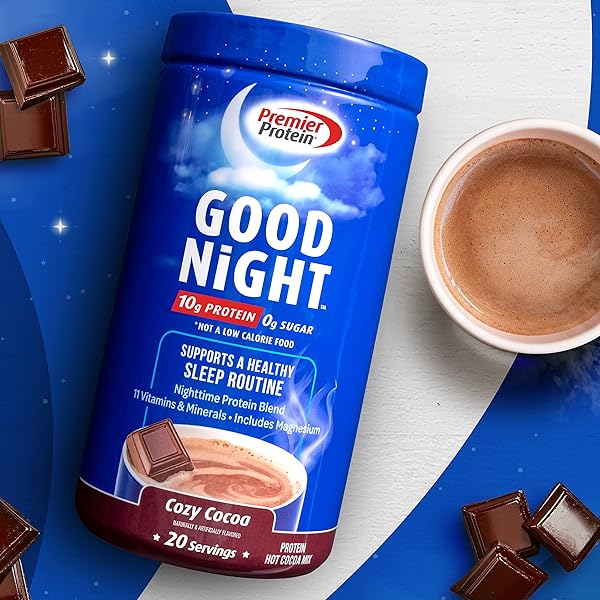 PREMIER PROTEIN GOOD NIGHT PROTEIN POWDER, HOT COCOA MIX, 10G PROTEIN, 0G SUGAR, 11 VITAMINS & MINERALS, NIGHTTIME PROTEIN BLEND, MAGNESIUM, ZINC, 20 SERVE, 1 TUB