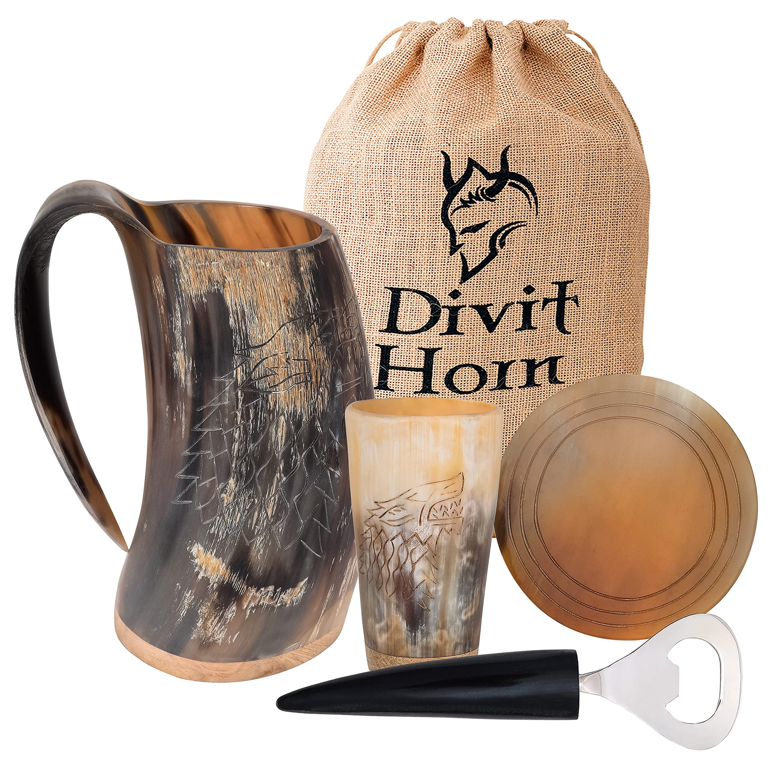 Divit Horn Genuine Viking Drinking Horn Mug, Shot Glass, Bottle Opener & Coaster (4 Pc. Set) | Authentic Medieval Beer Horn Tankard | Burlap Sack Included (650-700 ml,Fenrir | Natural)