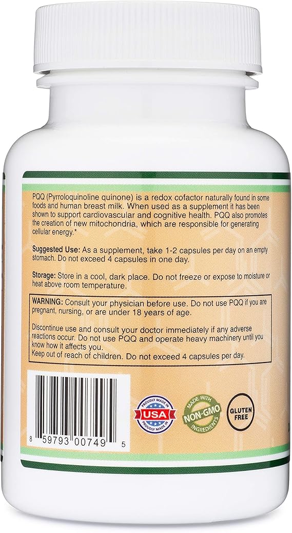 Amazon Com Pqq Supplement 20mg 60 Capsules Pyrroloquinoline Quinone Promotes Mitochondria Atp Coenzyme Levels Energy Optimizer And Sleep Quality Support By Double Wood Supplements Health Personal Care