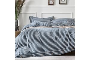 JELLYMONI Washed Cotton Duvet Cover Queen Size – Breathable & Cozy Bedding Set for Modern Homes, Dorms & Guest Rooms, Blue Striped Comforter Cover with Button Closure, 1 Duvet Cover & 2 Pillowcases