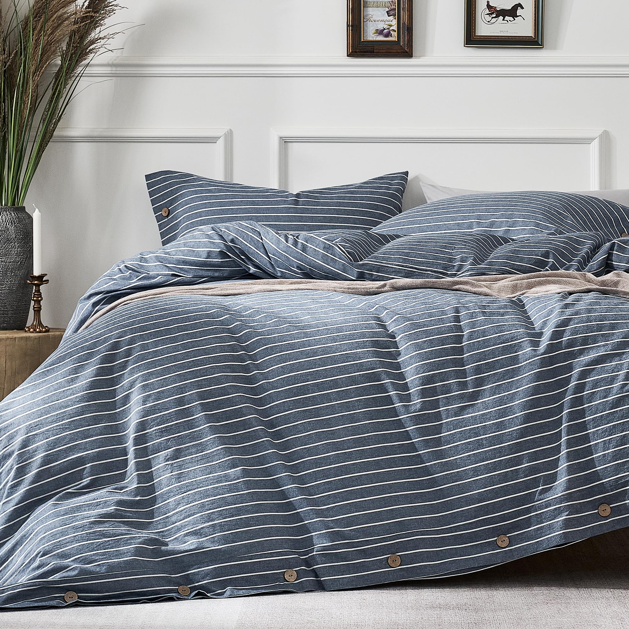 Photo 1 of JELLYMONI Cotton Duvet Cover Twin Size - Blue Pinstriped Comforter Cover with Button 100% Washed Cotton 2PCS Breathable Soft Solid Bedding Set Duvet Cover 68×90in & 1 Pillowcase (NO Comforter)