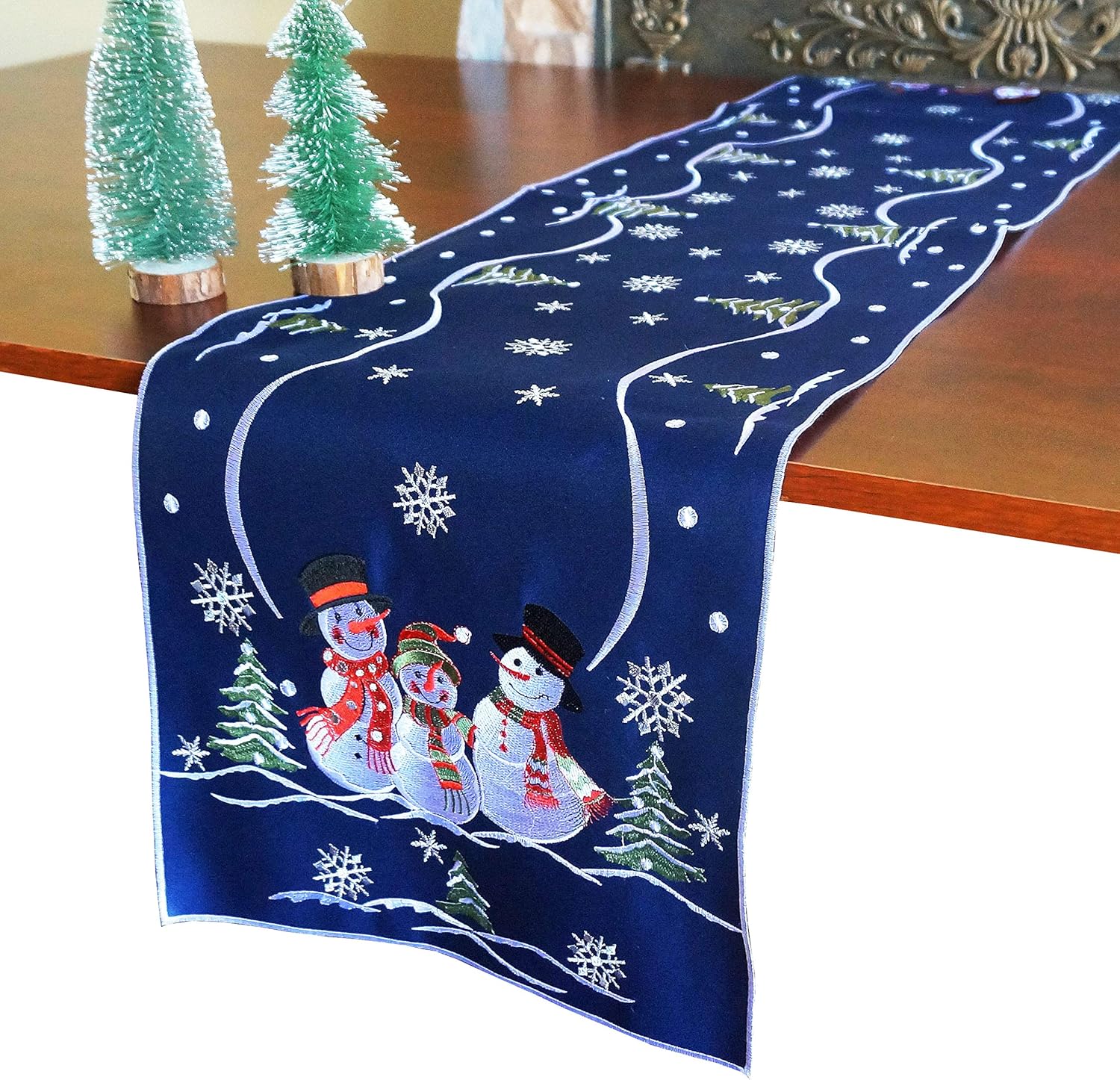 Holiday Christmas Table Runner 13"x54", Cutwork Embroidered Floral