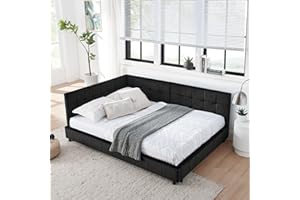 DEINPPA Full L-Shape Corner Bed Frame, Velvet Upholstered Tufted Daybed with Slat, Floor Platform Bed with Soft Headboard for Bedroom Nook, No Box Spring Needed-Black