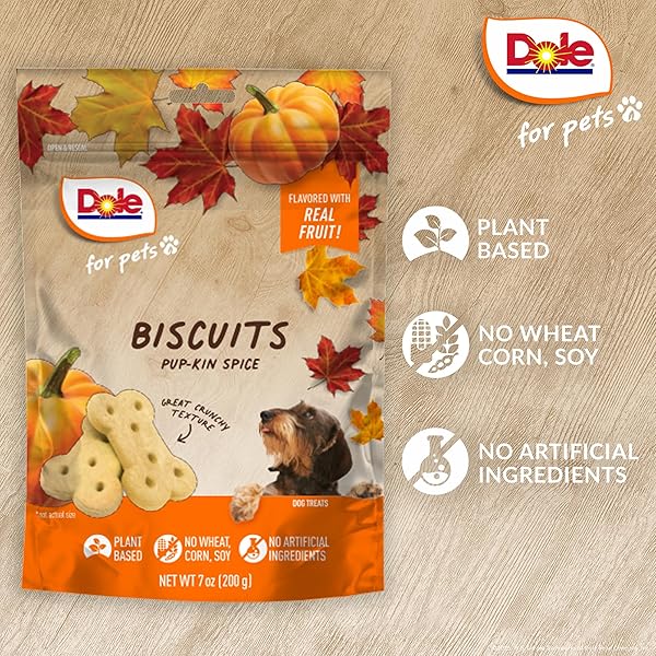 DOLE FOR PETS DOG BISCUITS PUP-KIN SPICE PUMPKIN FALL FLAVOR, REAL VEGETABLE FLAVOR VEGAN CRUNCHY TREATS, NO WHEAT CORN SOY OR ARTIFICIAL ADDITIVES, BITE SIZE TRAINING SNACKS FOR DOGS, 7 OZ