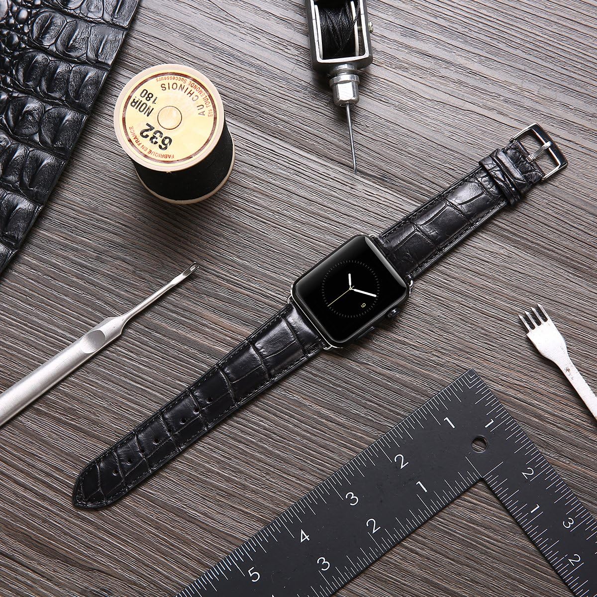 LUXSUISH Genuine Alligator Leather Watch Strap Replacement with Stainless Steel Adapter Clasp Compatible for Apple Watch S1/S2/S3 Sports&Edition Bigger Size 42mm (Alligator Edition Black)